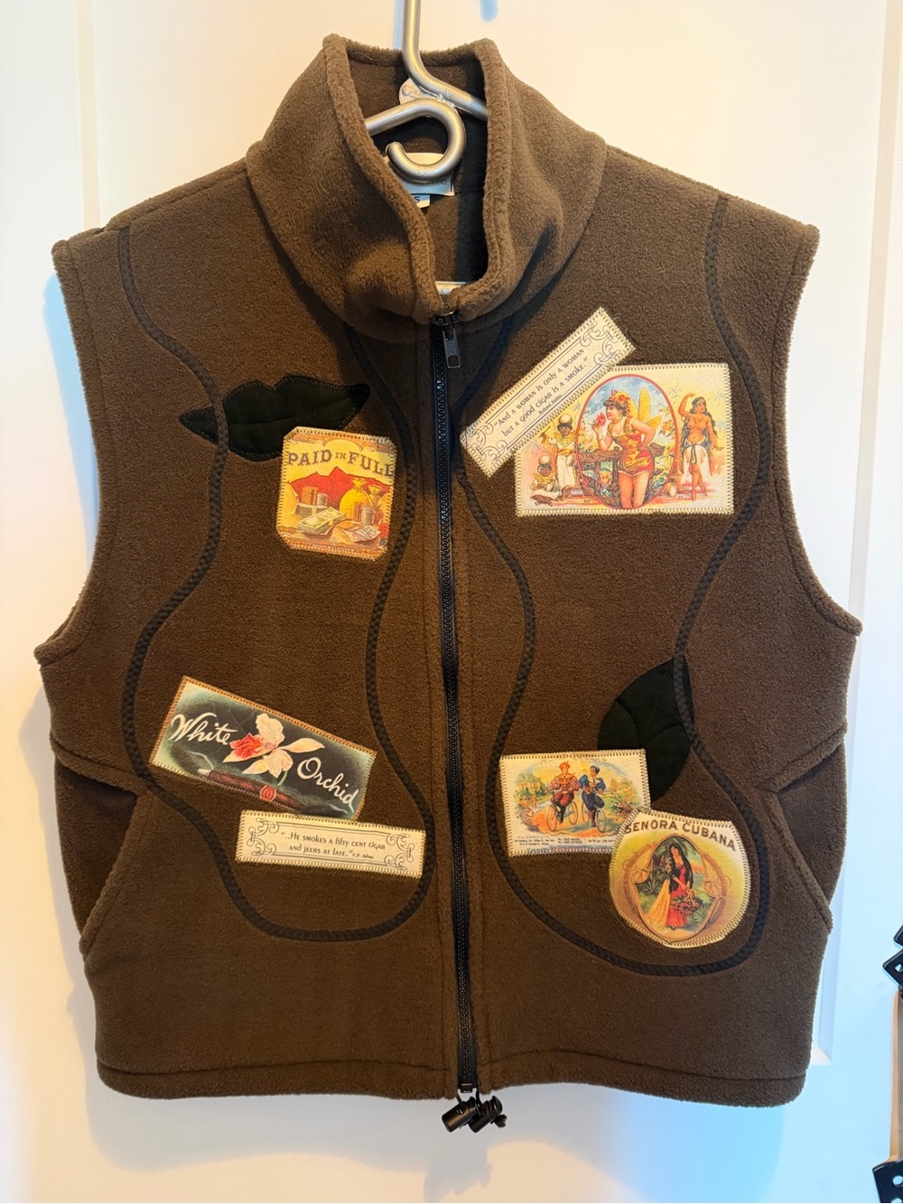 Vintage 90s Rooswear USA Made EcoSpun Fleece Vest Artwear Cigar Label Patchwork